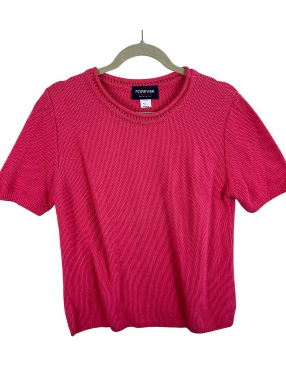 Forever Creative Cotton‎ Vtg Pink Waffle Knit Short Sleeve Sweater Made In USA M